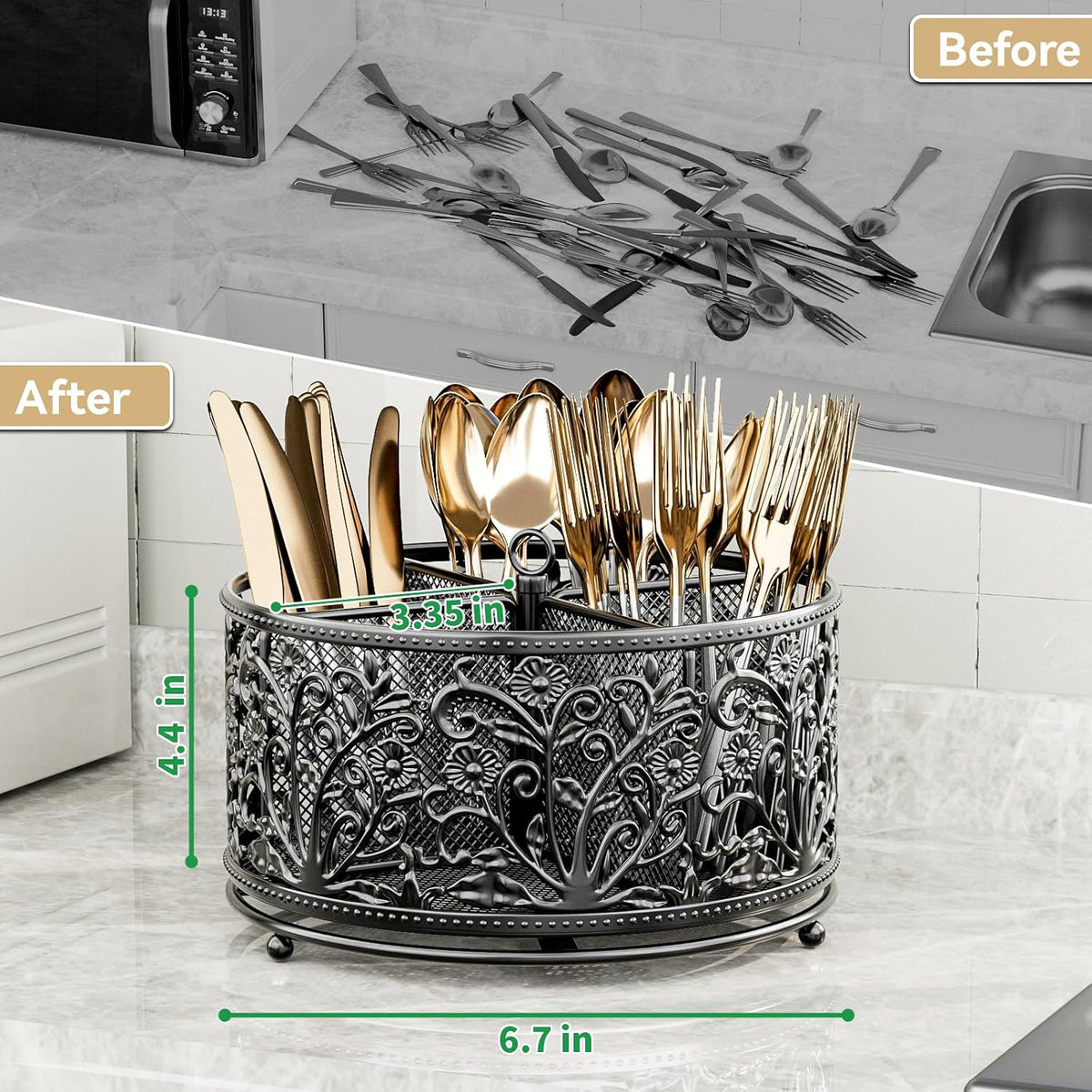 YIUKEA 360° Rotating Flatware Caddy - 4 Compartments Metal Mesh