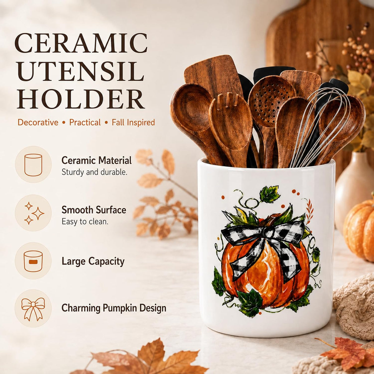 Fall Pumpkin Ceramic Utensil Holder, Thanksgiving Cutlery Holder