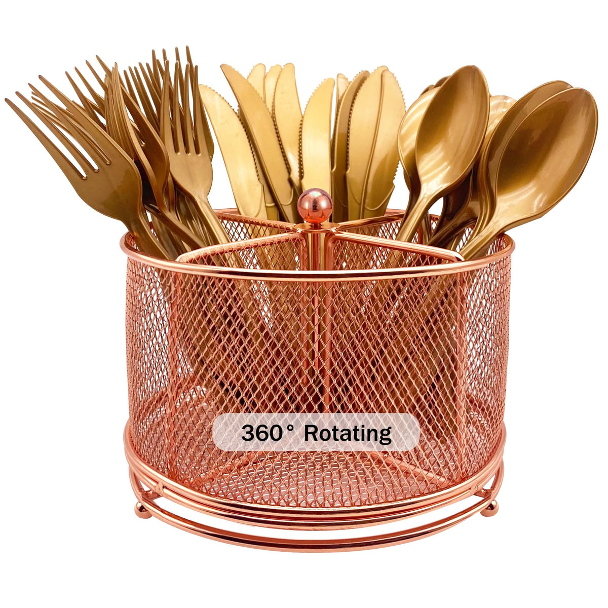 DysanVica 360° Rotating Metal Utensil Caddy - 4 Compartment Silverware Cutlery Holder Rotation Fork Spoon Napkin Organizer Flatware Storage Basket Party Countertop Buffet Picnic Camping Outdoor Black