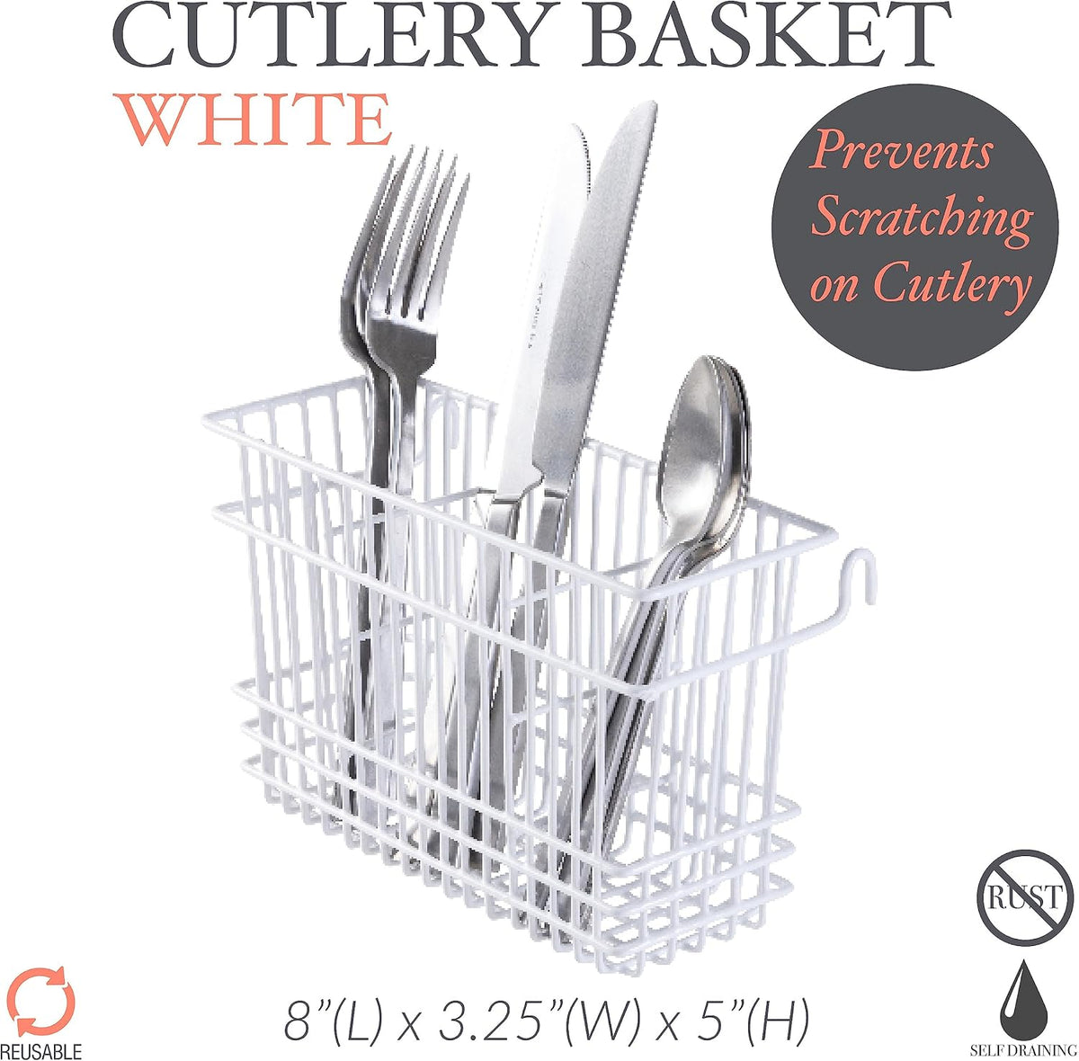 Kitchen Details Cutlery Basket | Hanging | Attach to Standard Dish Drying Rack | Utensil Caddy | Vinyl Coated | 3 Compartment | White