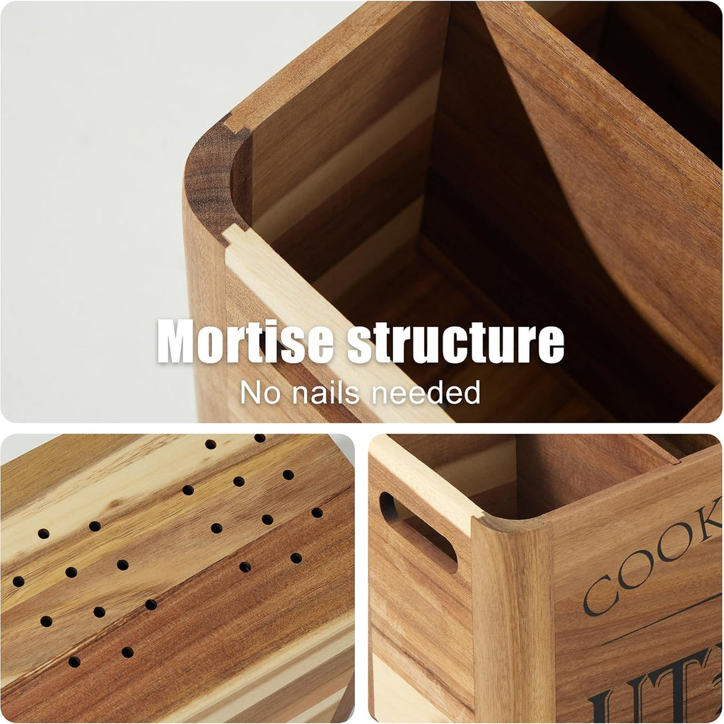 Utensil Holder for Kitchen Countertop - Extra Large 4 Compartment Wooden Organizer in Acacia Wood, Storage for Cooking Tools and Cutlery, Farmhouse Style for Home Cooking