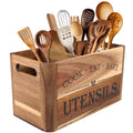 Utensil Holder for Kitchen Countertop - Extra Large 4 Compartment Wooden Organizer in Acacia Wood, Storage for Cooking Tools and Cutlery, Farmhouse Style for Home Cooking