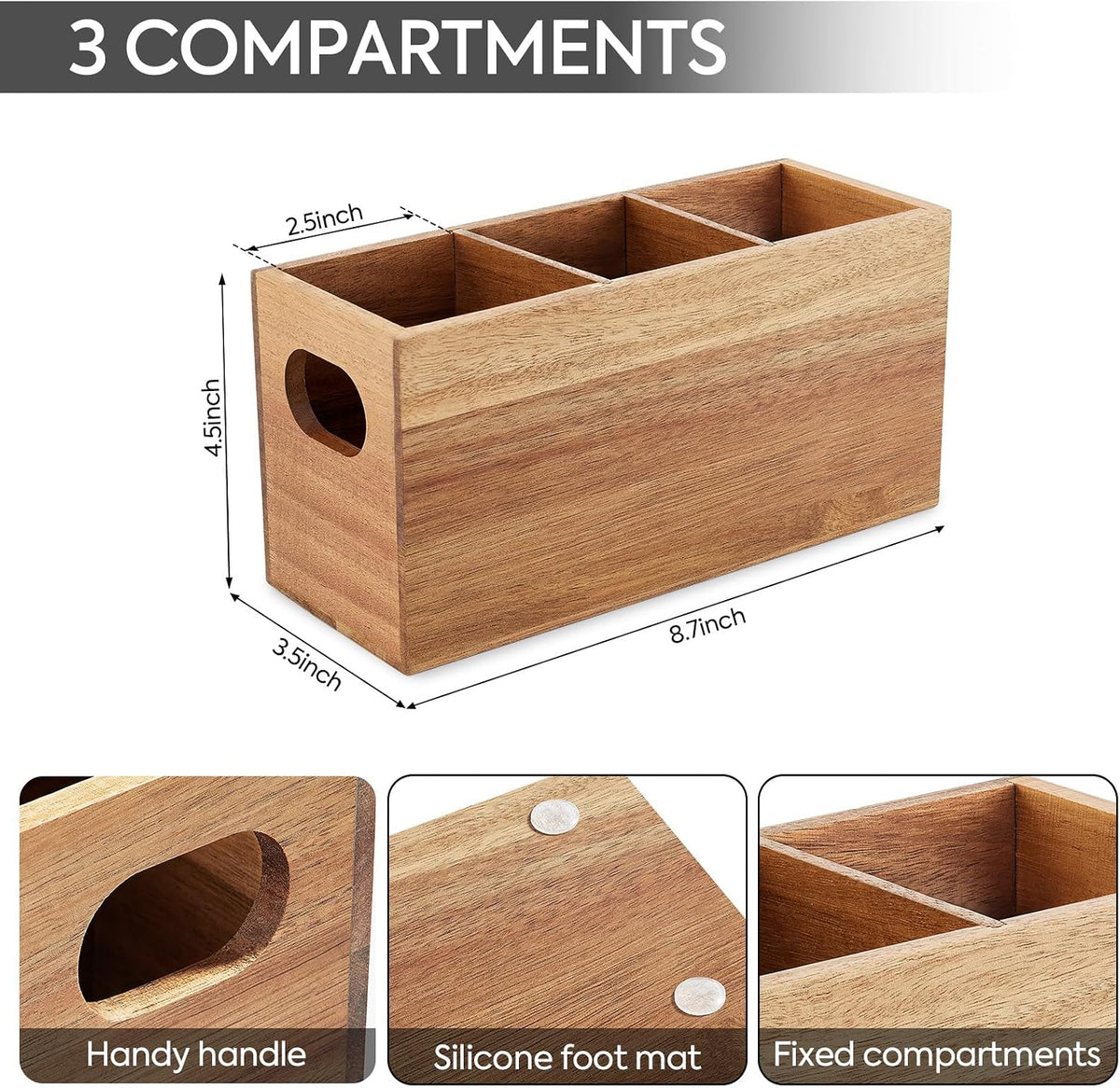VIVIRBIEN Acacia Wooden Silverware Holder, Kitchen Utensil Caddy with 3 Compartments, Cutlery Storage Organizer Countertop, Flatware Organizer for Party, Spoon, Fork Holder