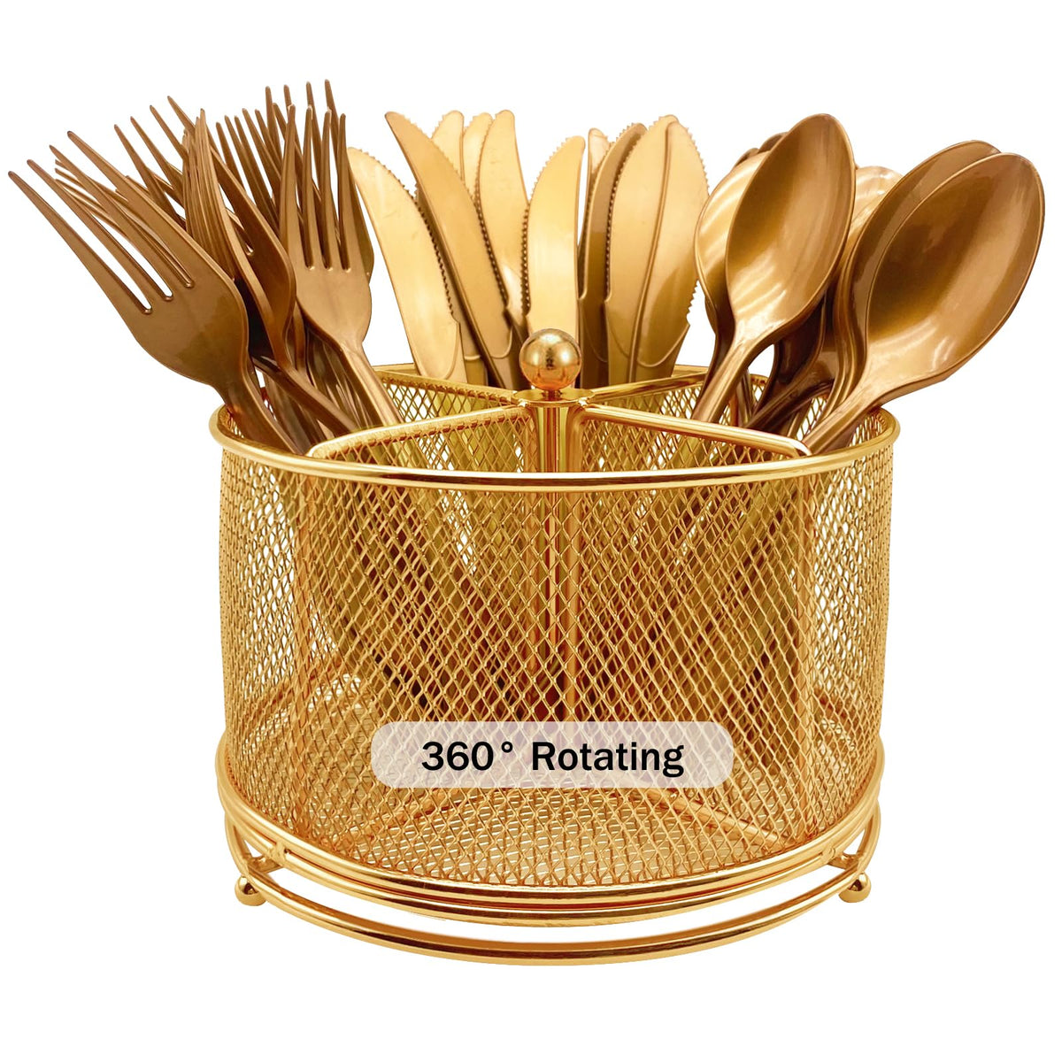 DysanVica 360° Rotating Metal Utensil Caddy - 4 Compartment Silverware Cutlery Holder Rotation Fork Spoon Napkin Organizer Flatware Storage Basket Party Countertop Buffet Picnic Camping Outdoor Black