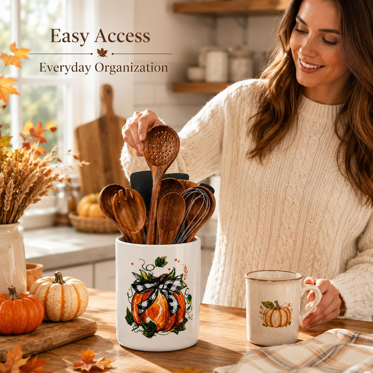 Fall Pumpkin Ceramic Utensil Holder, Thanksgiving Cutlery Holder