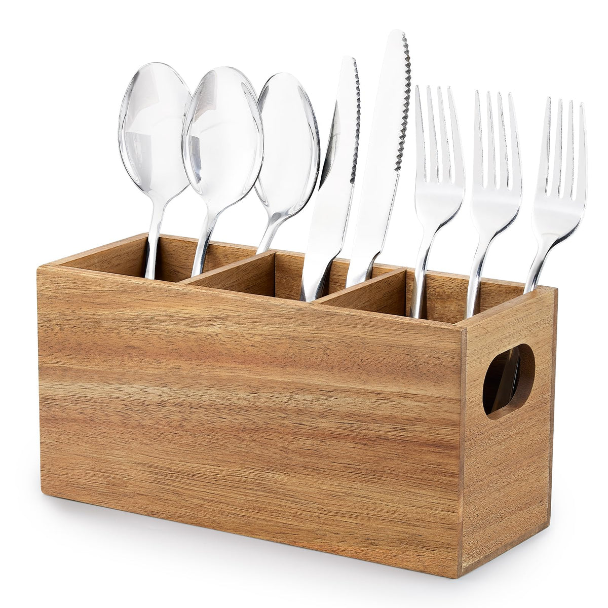 VIVIRBIEN Acacia Wooden Silverware Holder, Kitchen Utensil Caddy with 3 Compartments, Cutlery Storage Organizer Countertop, Flatware Organizer for Party, Spoon, Fork Holder