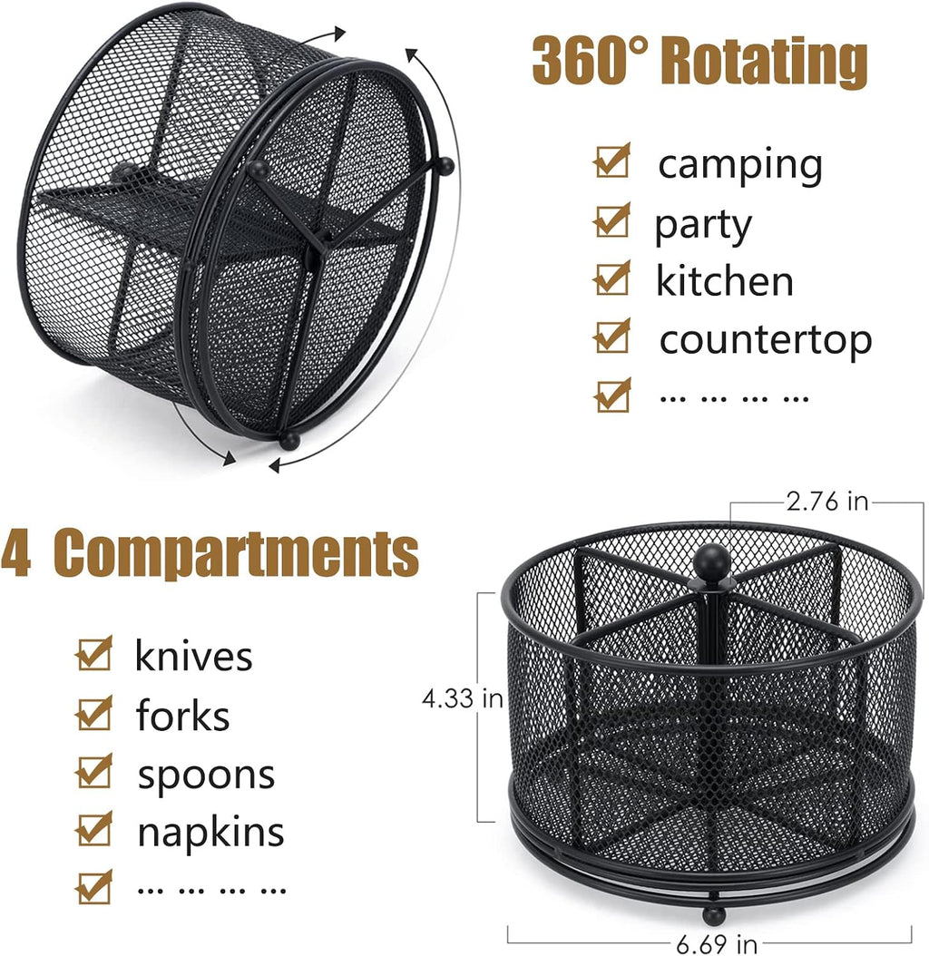 DysanVica 360° Rotating Metal Utensil Caddy - 4 Compartment Silverware Cutlery Holder Rotation Fork Spoon Napkin Organizer Flatware Storage Basket Party Countertop Buffet Picnic Camping Outdoor Black