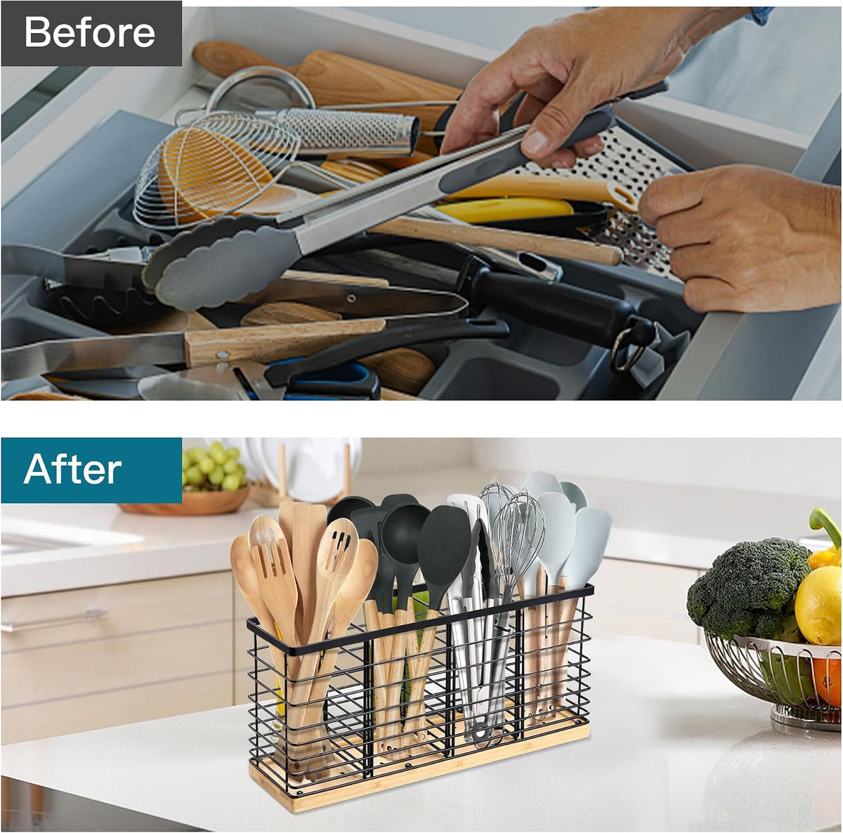 Suli Extra Large Kitchen Utensil Holder Countertop with Removable Divider