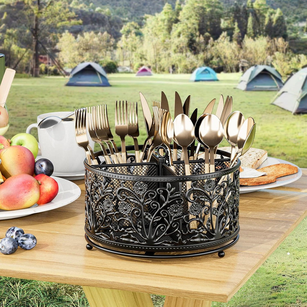 YIUKEA 360° Rotating Flatware Caddy - 4 Compartments Metal Mesh