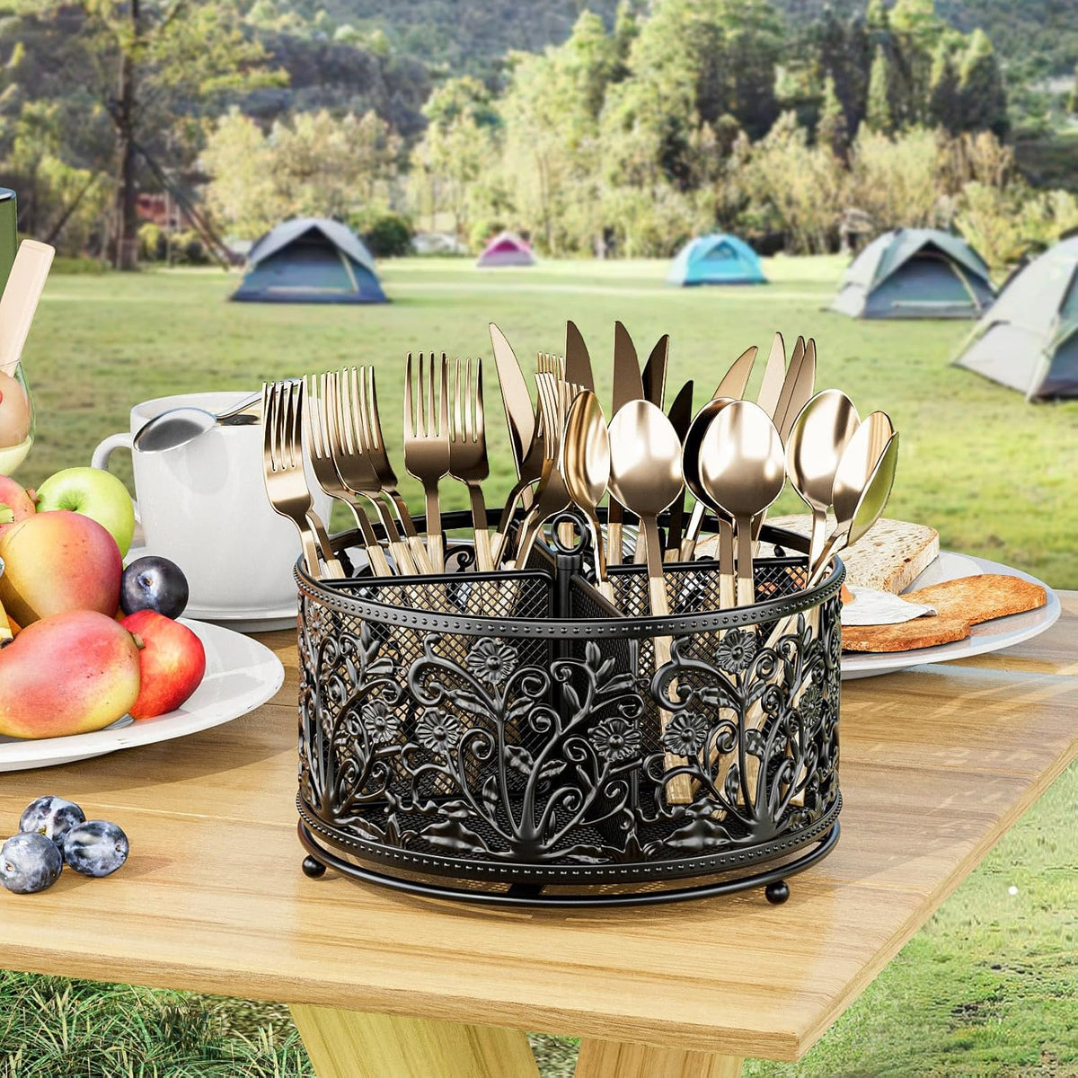 YIUKEA 360° Rotating Flatware Caddy - 4 Compartments Metal Mesh