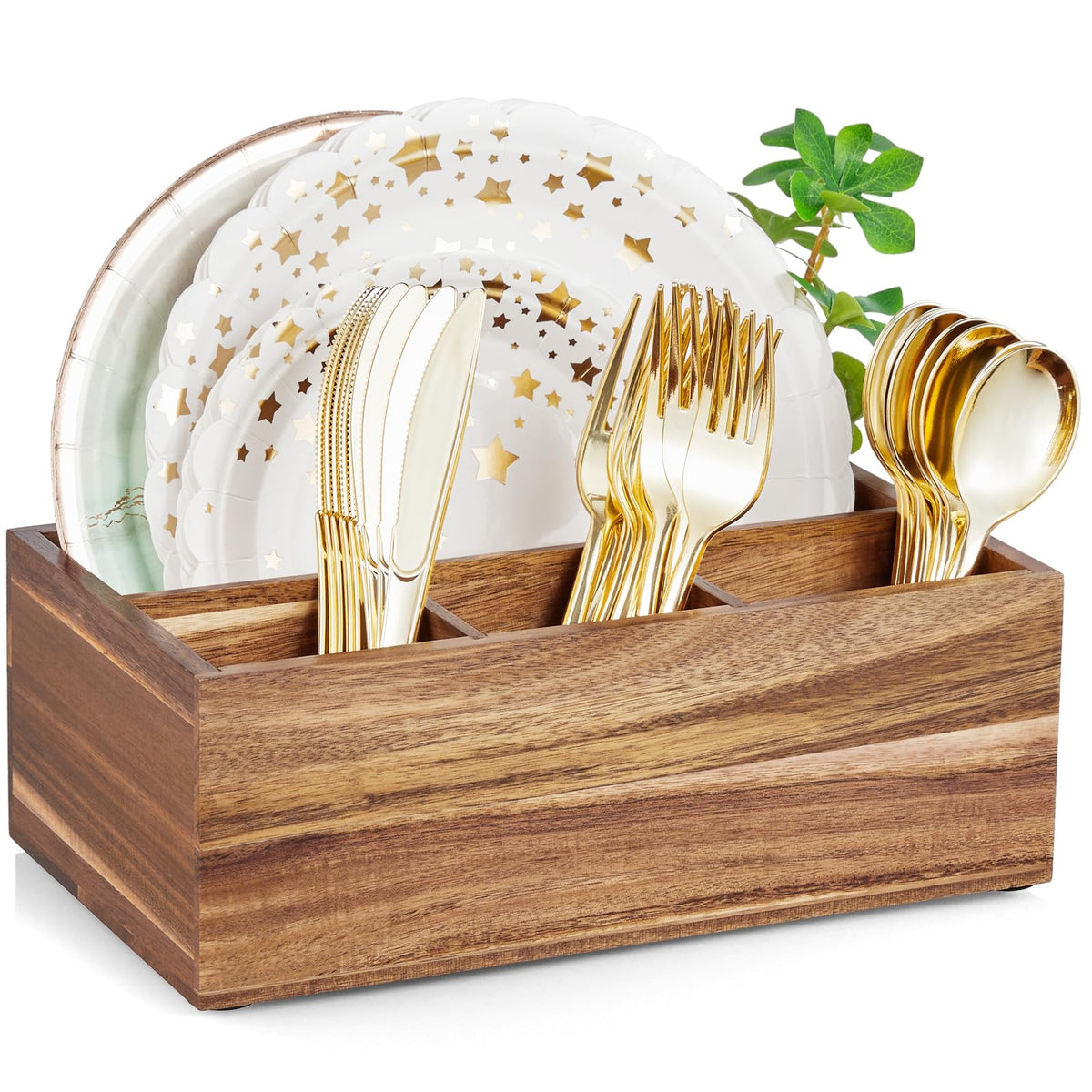 DRASTAR Silverware Caddy, Wooden Utensil Holder, Picnic Cutlery Holder, Black Silverware Holder, Plastic Silverware Caddy for Party, Countertop, Camping