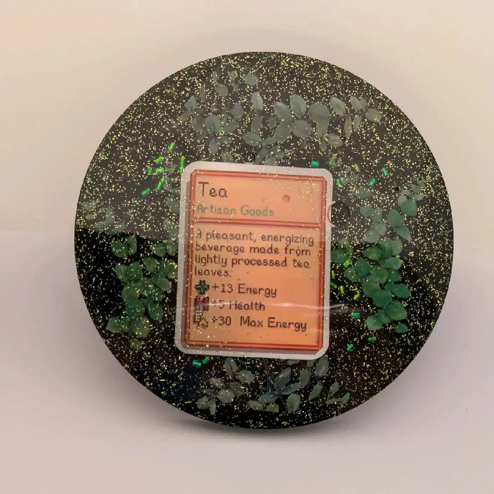 Stardew Valley Handmade Resin Art Piece with Glitter Background and Tea design Coaster