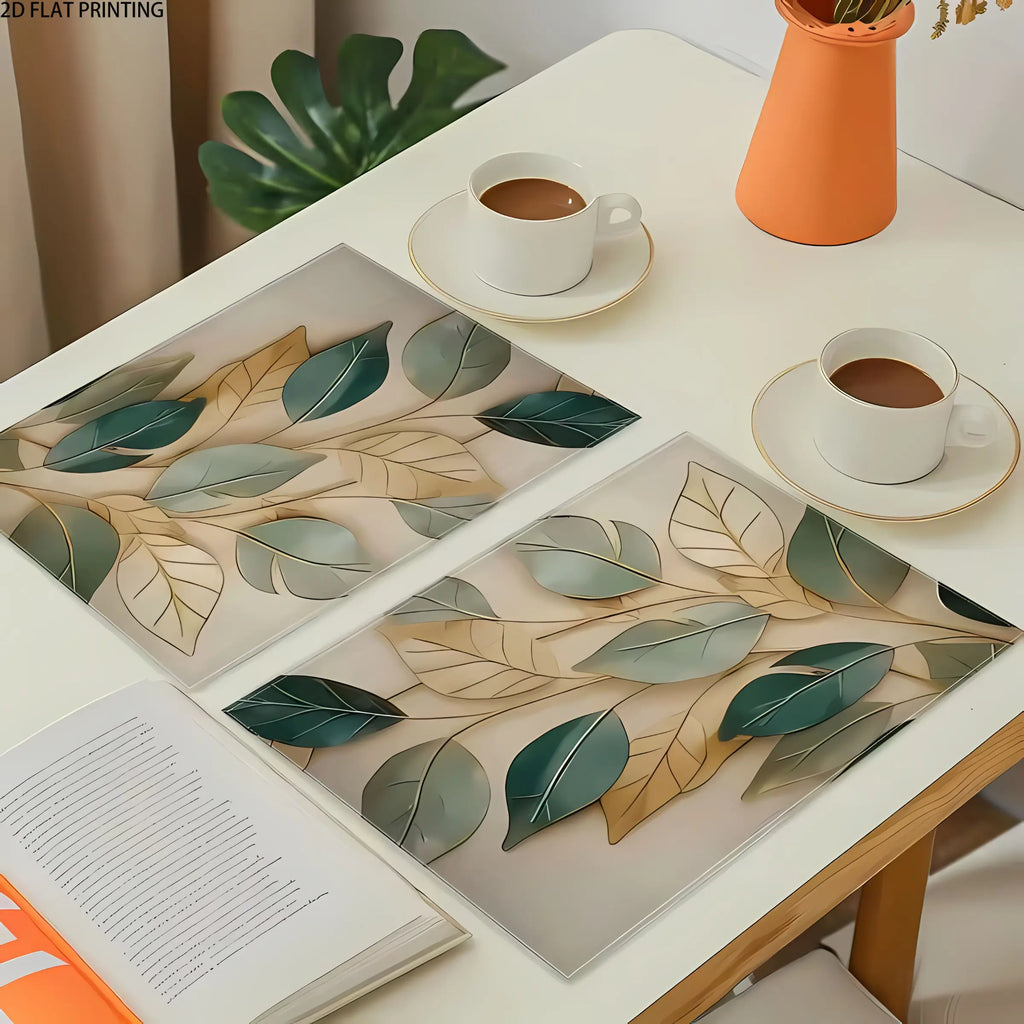 2D flat printing, 2-piece/4-piece/6-piece/8-piece set of Aesthetic leaf pattern dining table boho Cloth placemats, 12x18 inch single-sided 2D printed fabric table mat set, suitable for home decoration and party decoration