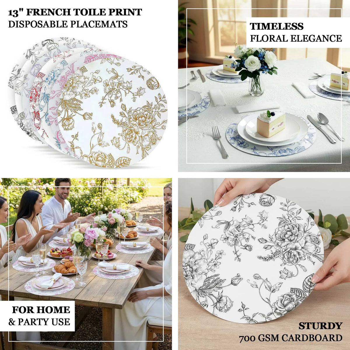 10-Pack Disposable Cardboard Placemats - French Toile Print, 13in Matte White/Blue, Disposable Coasters Included for Banquets, Home Dinners, Wedding Events