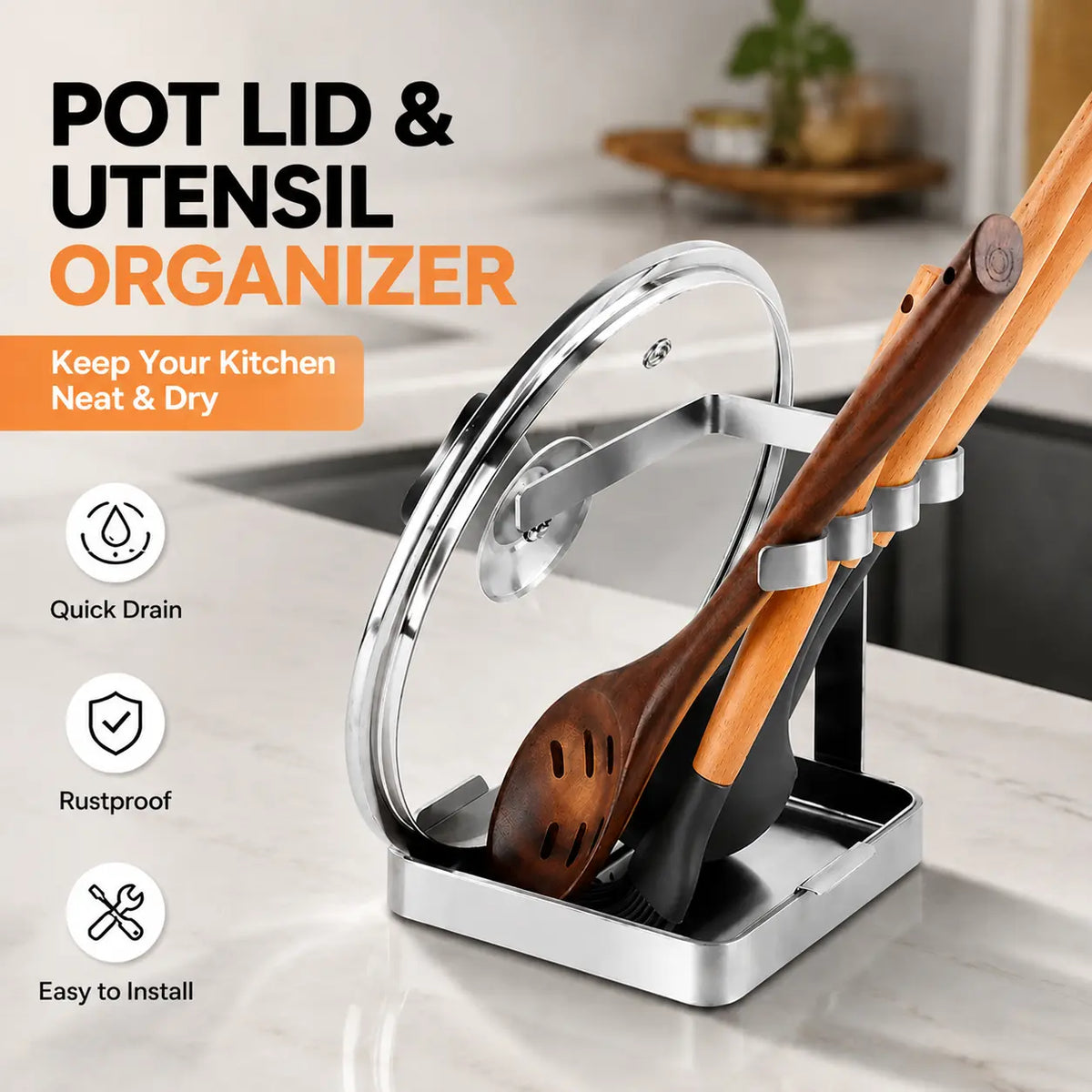 SOLEADER Food-Grade Stainless Steel Vertical Cutlery & Tableware Spoon Rack - Heavy-Duty Cooking Organizer with Weighted U-Shaped Bar, Drip Tray, Smooth Edges & Handle, Space-Saving Versatile Kitchen Accessory
