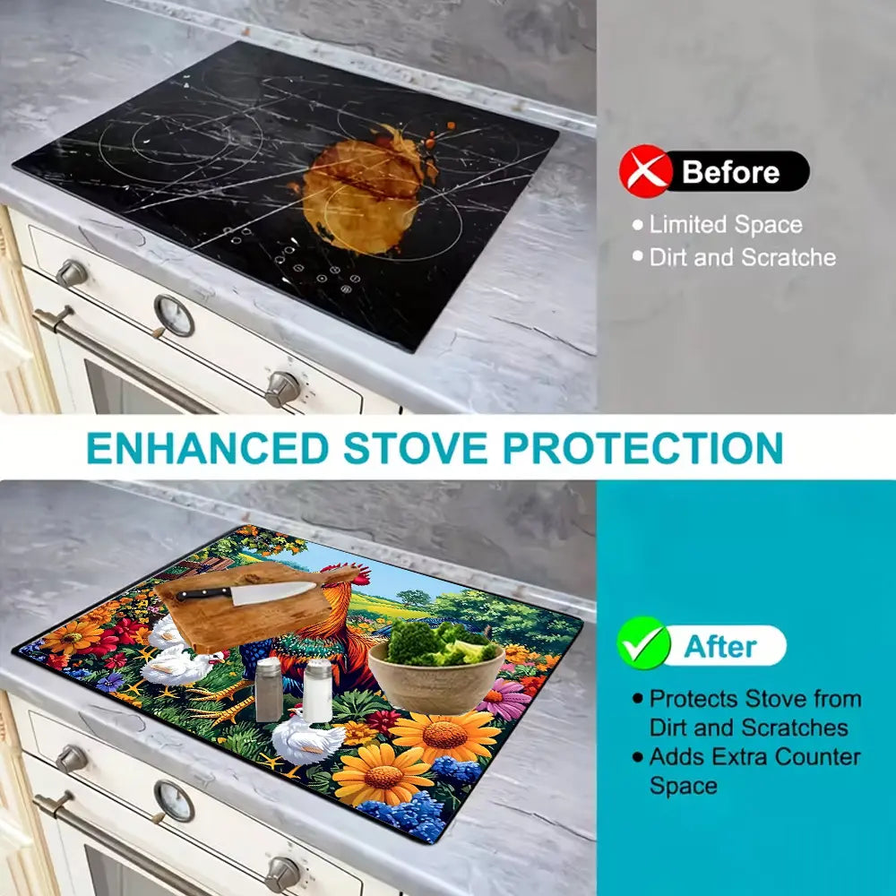 Rectangle Rooster & Rural Scenery Pattern Heat-Resistant Stove Protector Mat - Animals Themed Indoor Home Care Dust Cover, Glass Top Fit, Induction Cooktop Compatible, Easy-Clean Premium Pad, Safety-Ensuring Christmas Gift for Kitchen Appliances
