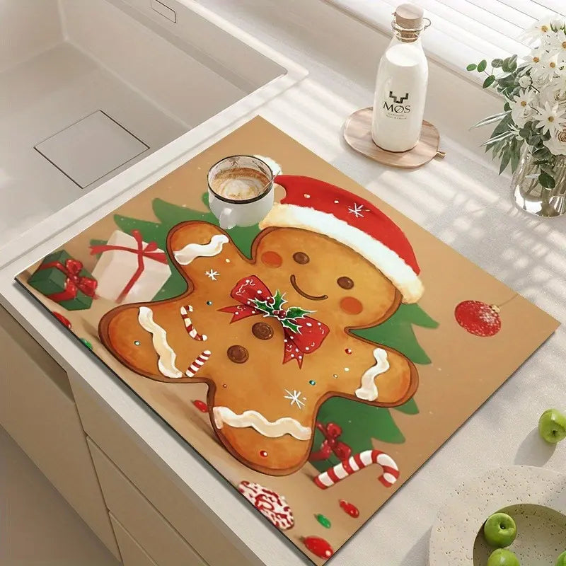 Gingerbread for Man Theme Pattern Dish Drying Mat, Heat Insulation, Practical, Easy to Dry, Wipe Clean, for Coffee Machine, Washing Machine, Home Use Coasters Tableware christmas home decor