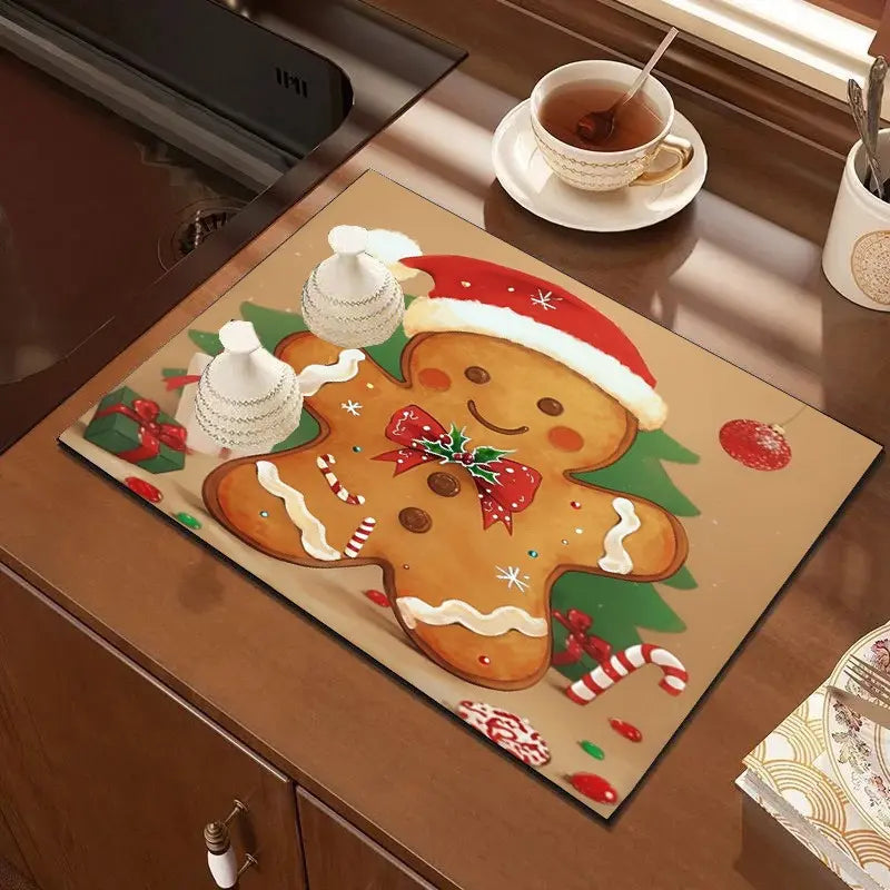 Gingerbread for Man Theme Pattern Dish Drying Mat, Heat Insulation, Practical, Easy to Dry, Wipe Clean, for Coffee Machine, Washing Machine, Home Use Coasters Tableware christmas home decor