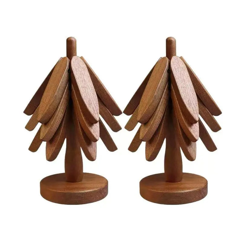 Natural Bamboo Wooden Foldable Trivet Set - 4 Tree Shape Trivets + 1 Stand, Heat Resistant Tableware Coasters for Hot Dishes & Pots, Holiday Gift Kitchenware, Set Includes Unfolded Size Details
