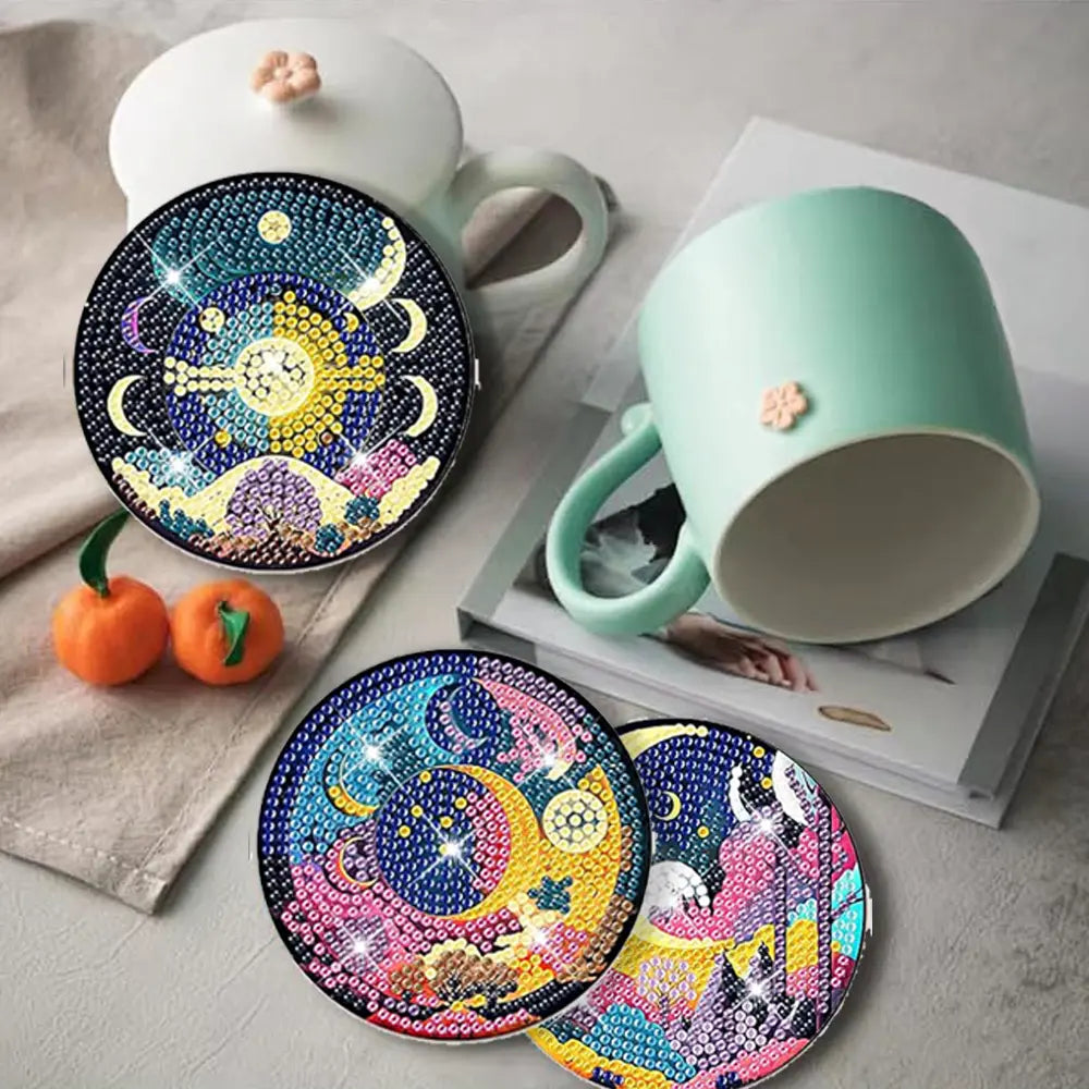 8Pcs/Set Mystical Moon Diamond Art Coasters with Holder,Mystical Moon DIY Coasters for Beginners,Adults,Students,Diamond Art Crafts Supplies,Christmas Party Gifts,Hand Tools Kits