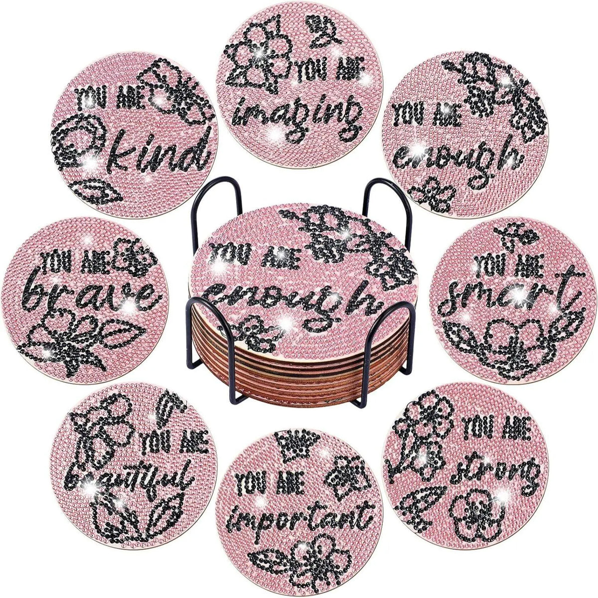 DIY Round Slogan Pattern Diamond Painting Coaster Kit, Diamond Art Coasters, 8 Counts Language Pattern Decorative Coaster for Home Decoration & Gift, Kitchen Coasters