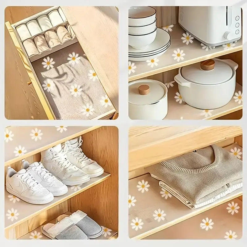 Daisy Design Waterproof Cabinet Shelf Liner, Easy-Clean Plastic Pad, Cuttable Anti-Slip Durable Rack Mat for Home Kitchen, Fridge, Table and Drawer Organization, Refrigerator Mat