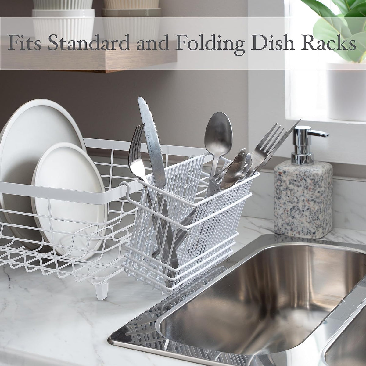 Kitchen Details Cutlery Basket | Hanging | Attach to Standard Dish Drying Rack | Utensil Caddy | Vinyl Coated | 3 Compartment | White