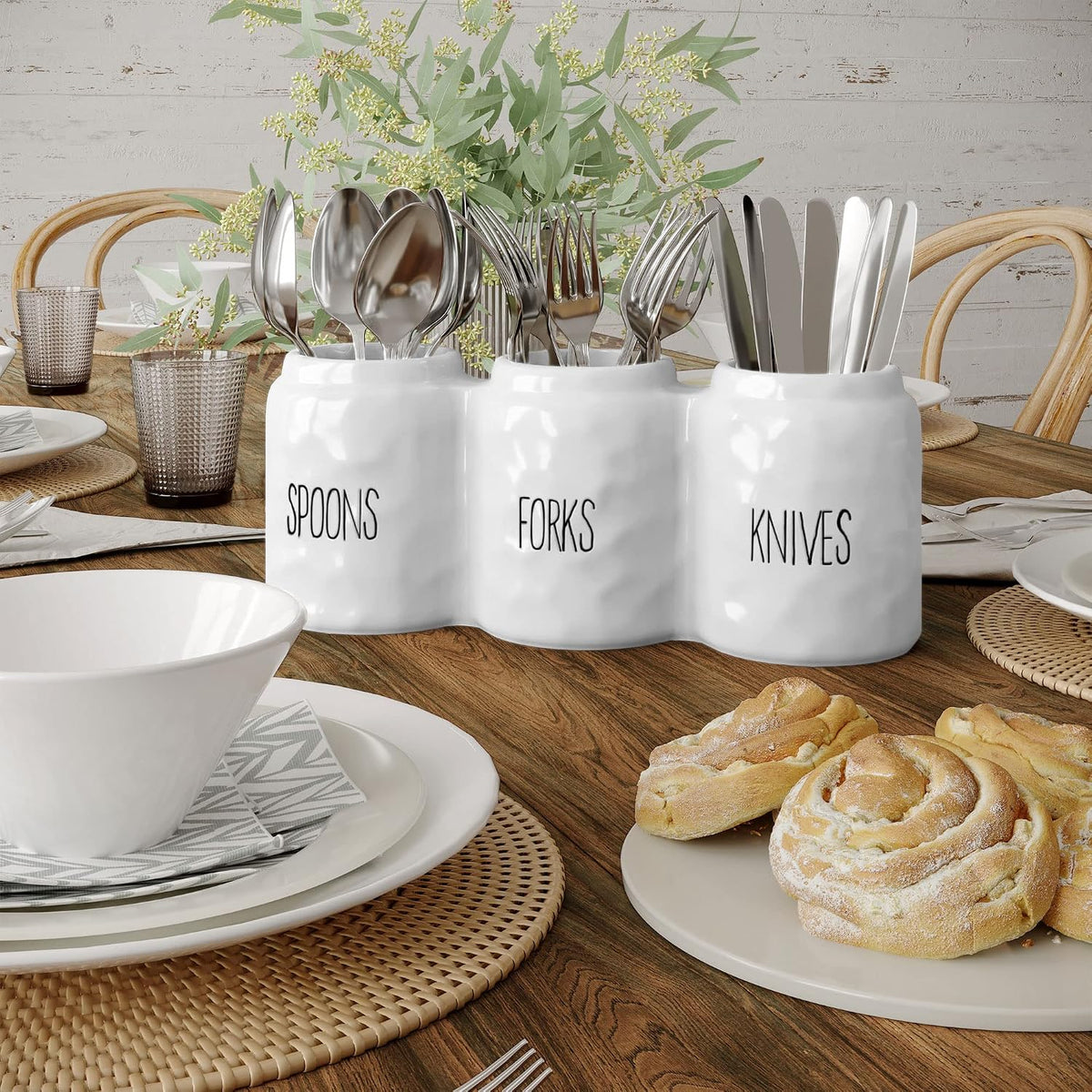 Barnyard Designs Ceramic Silverware Caddy Utensil Holder 12.5” x 5” (White)