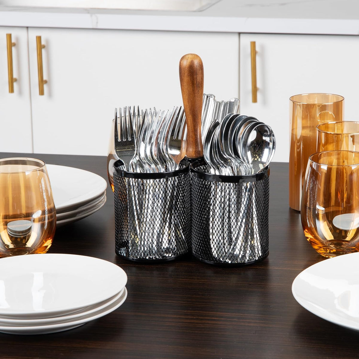 Mind Reader Utensil Holder, Silverware Organizer, Caddy, Cutlery Holder, Kitchen, Metal Mesh, 7.5"L x 7.5"W x 9.75"H, Black