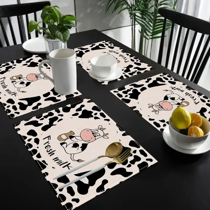 4pcs Linen Cow Print Placemats - 12x18 in Rectangular Lightweight Kitchenware Table Mats for Home Kitchen, Holiday Party Decor