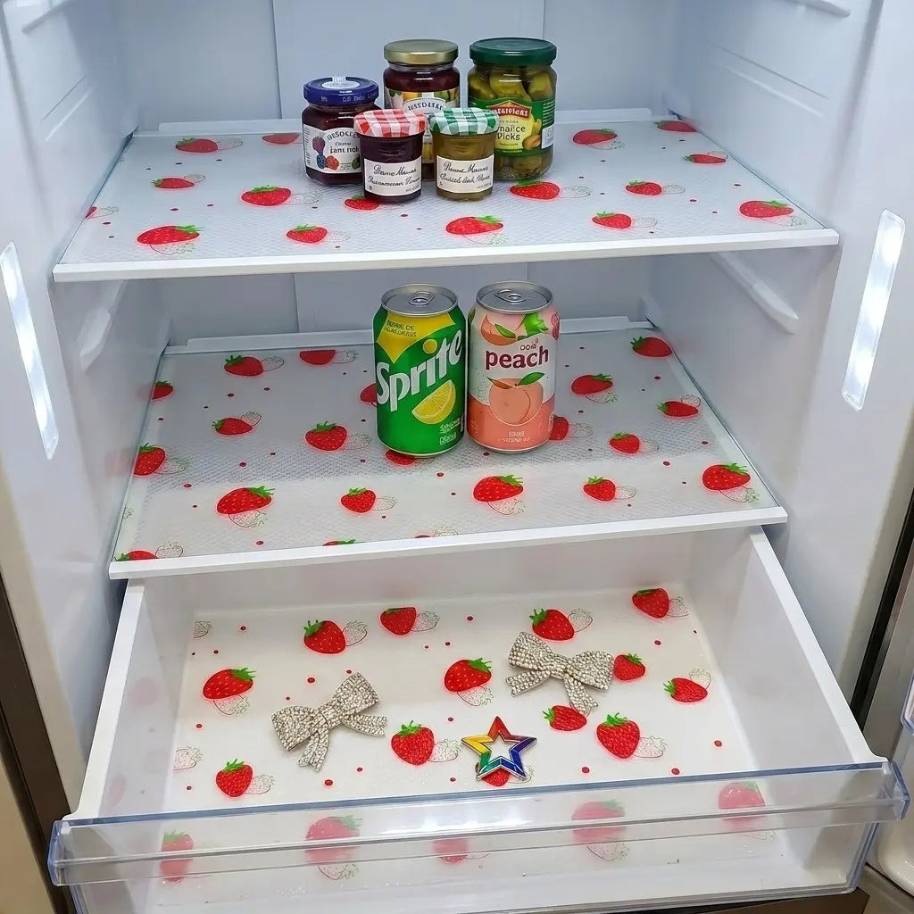 4pcs/8pcs Fridge Liners, Moisture-Proof & Non-Slip, Washable & Reusable, Versatile Use, Eva Material, Strawberry Pattern, Kitchen Decor, Drawer Pads, Cabinet Mats, Coasters
