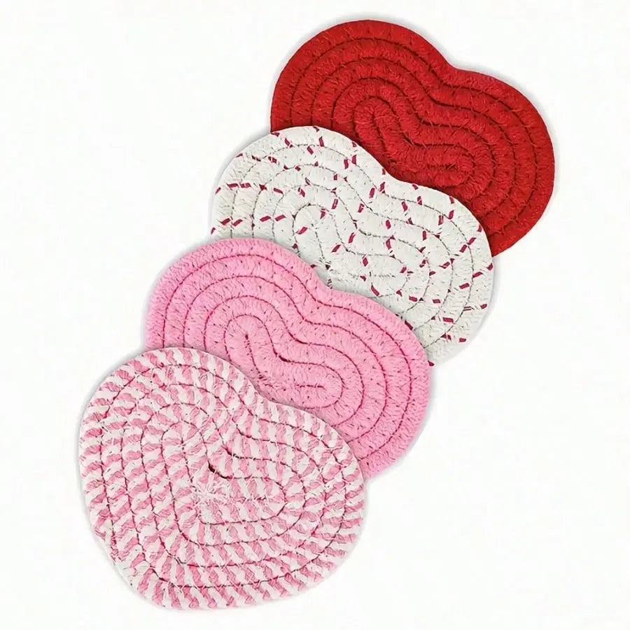 sohochic 4pcs Valentine's Day Handmade Woven Heart-Shaped Tableware Coasters - Pink Red Non-Slip Absorbent Pads, Spill-Safe Surface, Cute Reusable for Drinks, Home & Cafe-Ready Decor (Without Shelf)