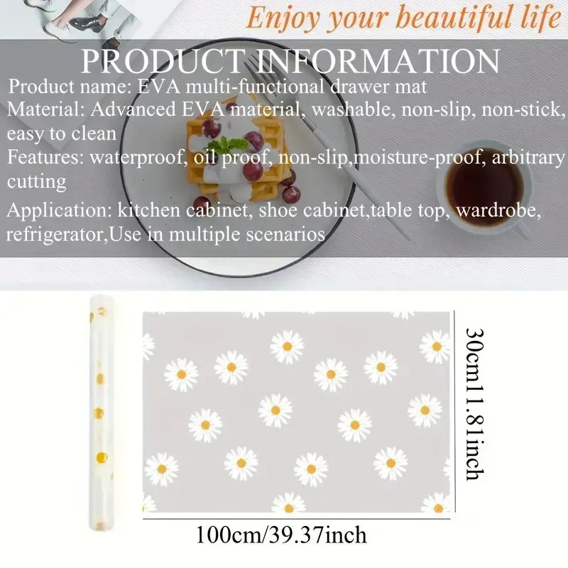 Daisy Design Waterproof Cabinet Shelf Liner, Easy-Clean Plastic Pad, Cuttable Anti-Slip Durable Rack Mat for Home Kitchen, Fridge, Table and Drawer Organization, Refrigerator Mat