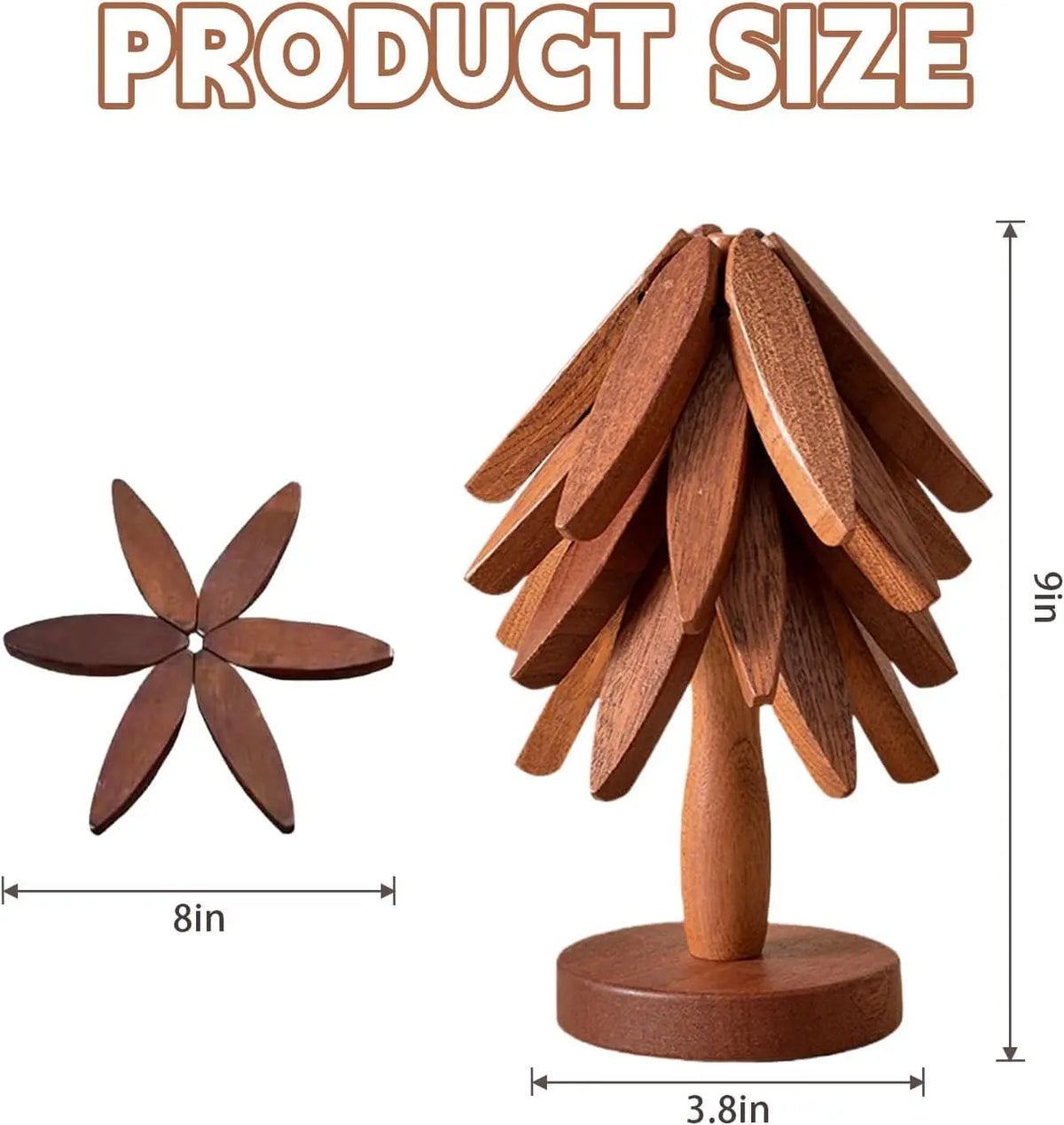 Natural Tree-Shaped Wooden Decorative Trivets Set - 4 Trivets & 1 Stand Keeps Tidy, 450°F Heat Guard Kitchenware, 7.8in High Density Solid Wood Multi-Use Mat for Pots, Pans, Cups, Foldable Textured French Country Birthday Gift Coasters