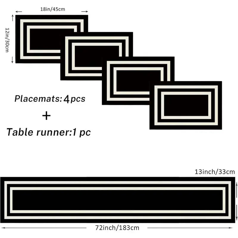 5/7 piece dining table mat set, insulation mat, Placemat, Table placemats, Rectangle, with white border and black pattern, suitable for kitchens, dining tables, living rooms, indoor and outdoor