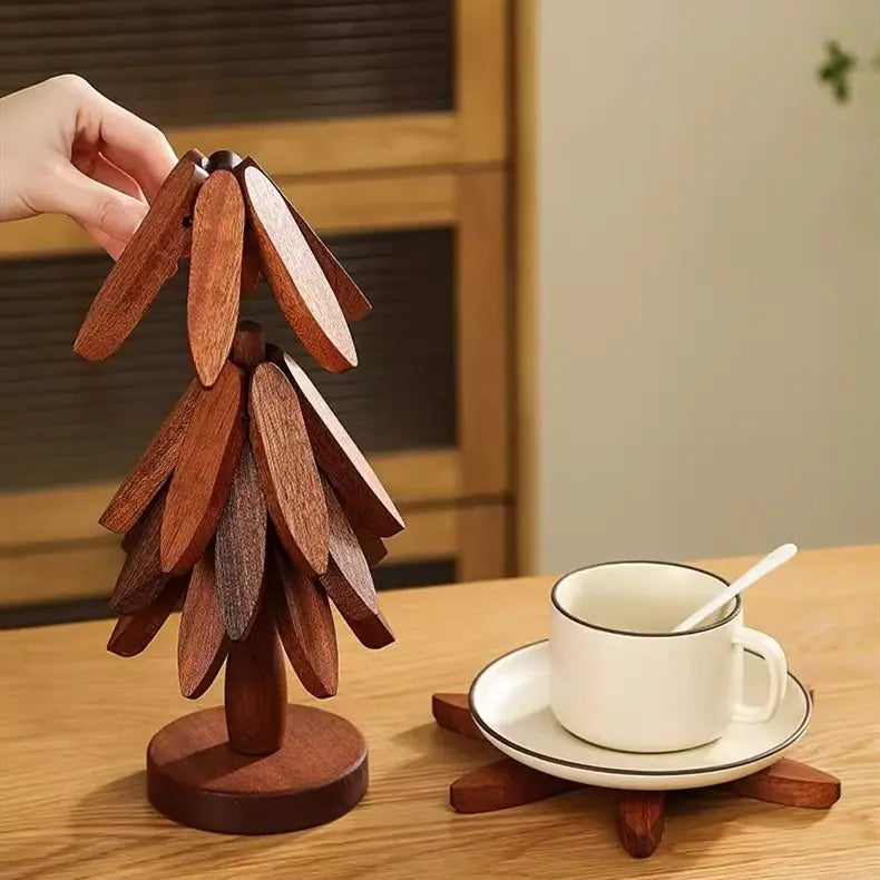 7.8 In Foldable Natural Wood Trivets for Hot Dishes - 4-Piece Tree-Shape Set with 1 Storage Stand, Durable Heat-Resistant Kitchen Accessories, Bamboo Tableware, Indoor Kitchen Holder for Pots/Bowls/Teapots, Eco-Friendly Christmas Decor Gift