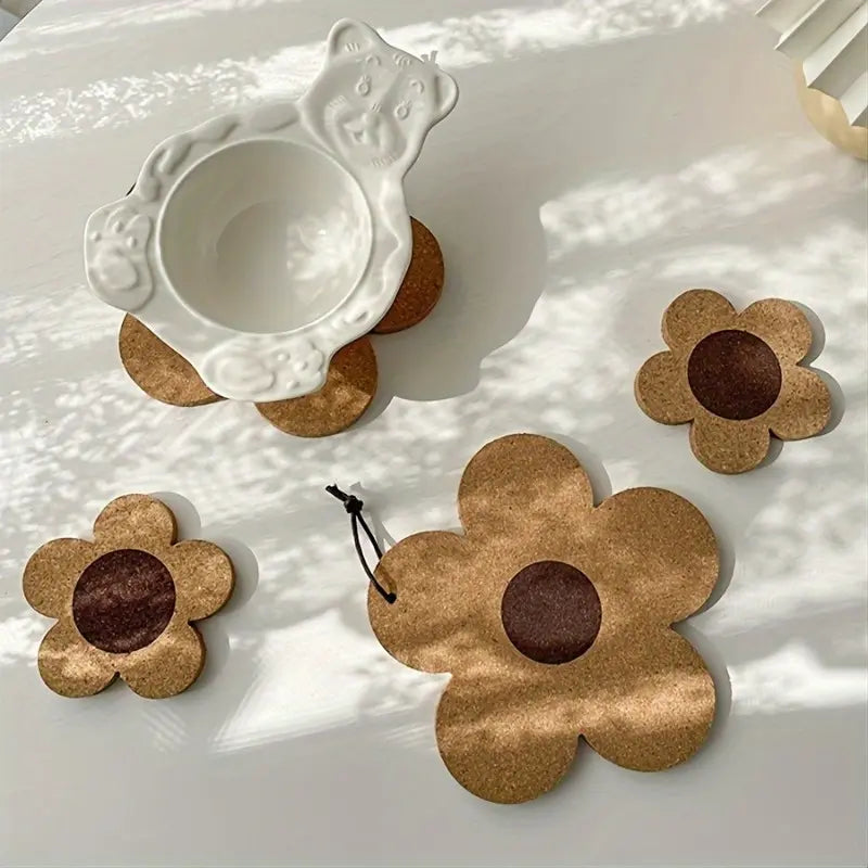 Absorbent Reusable Cork Coasters - Coaster Set - Bulk Pack of 100% Cork Flower Shape - Farmhouse Rustic Wood Design - for Desk and Glass Table