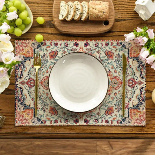 4-Piece Polyester Placemat & Coaster Set - Stylish Indoor Bohemian Colorful 12x18" Vibrant Orange Teal Floral, Hemmed & Reinforced Edges, Stainproof, Wrinkle-Proof, Durable Kitchen Tableware for Home Receptions, Dining Decoration