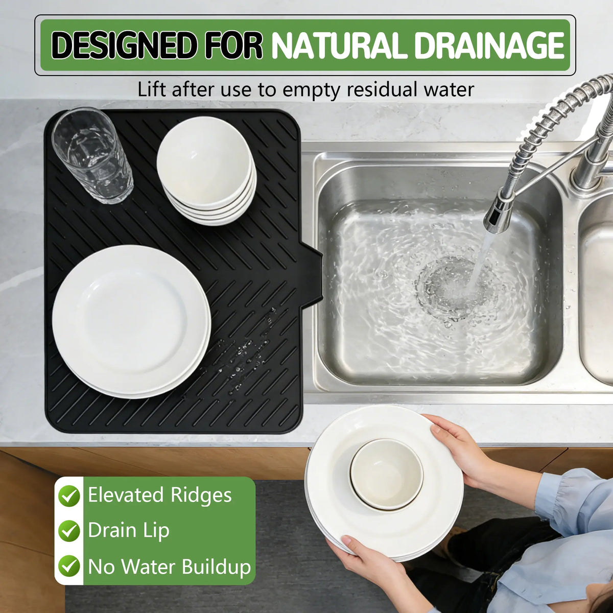 23x17in Modern Rectangle Silicone Dish Drying Mat with Matching Soap Dish Set, Sturdy Gray Desk Counter Protector, Waterproof Heat Resistant Indoor Tableware Organizer with Built-in Drain Lip, Dishwasher Safe (Hand Cleanable)