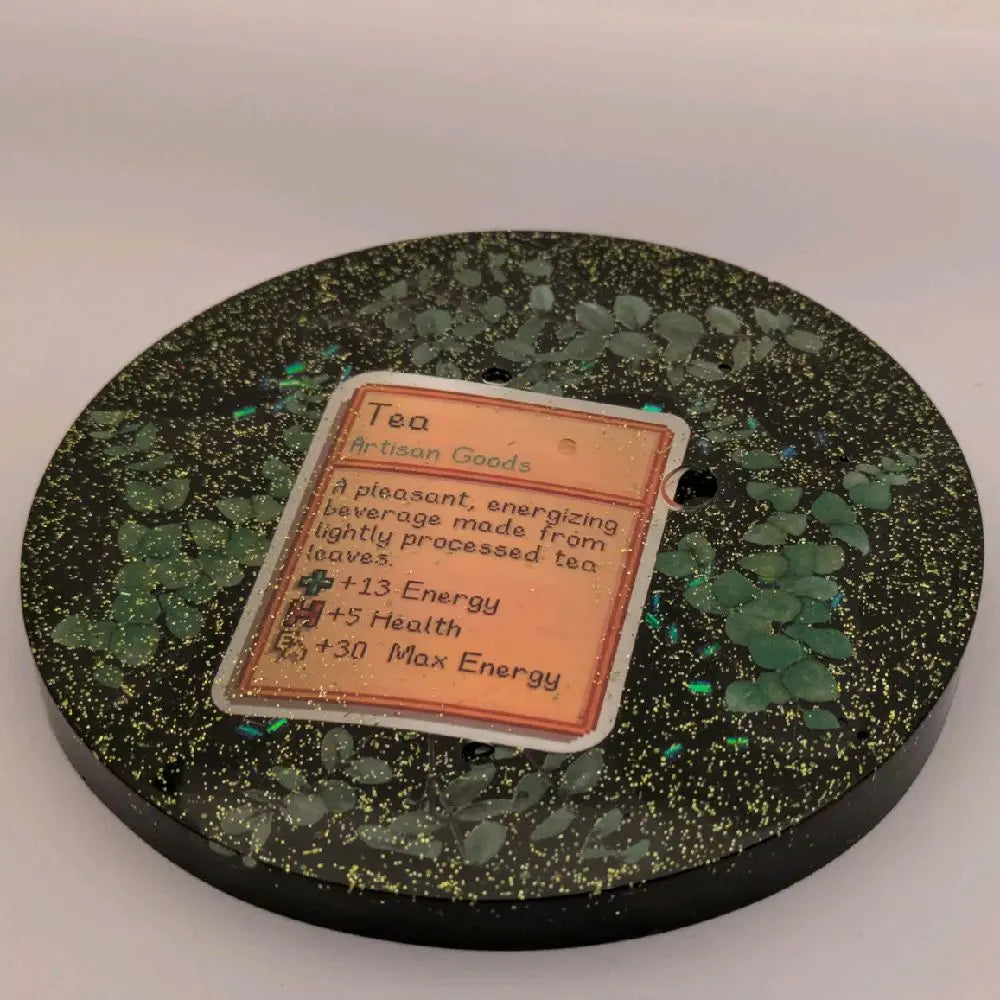 Stardew Valley Handmade Resin Art Piece with Glitter Background and Tea design Coaster
