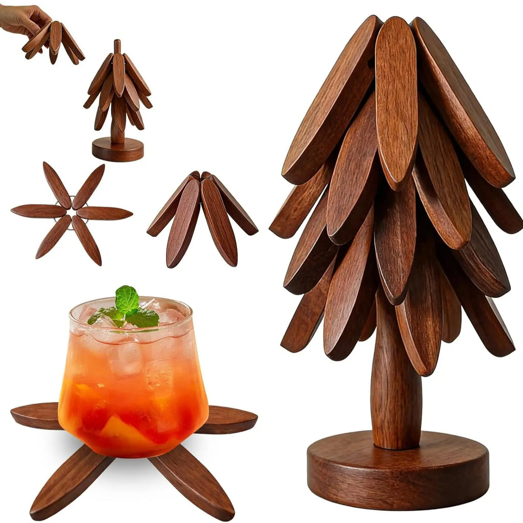 Natural Wood Tree Shape Trivets Set - Heat-Resistant Kitchen Tableware Mats, Foldable Coasters for Hot Dishes, Hot Pots, Holds Cups & Pans, Counter Protection, Holiday Gift