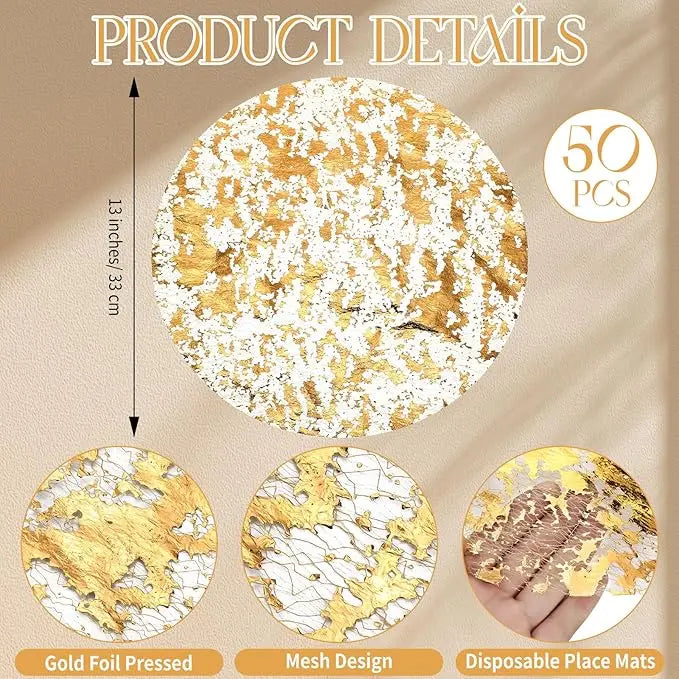 50 Pcs Golden Placemats,13 Inch Round Golden Foil Mesh Pressed Table,Disposable Golden Placemats Set,for Home Decoration,Birthday Party, Wedding, Polyester, Weddings