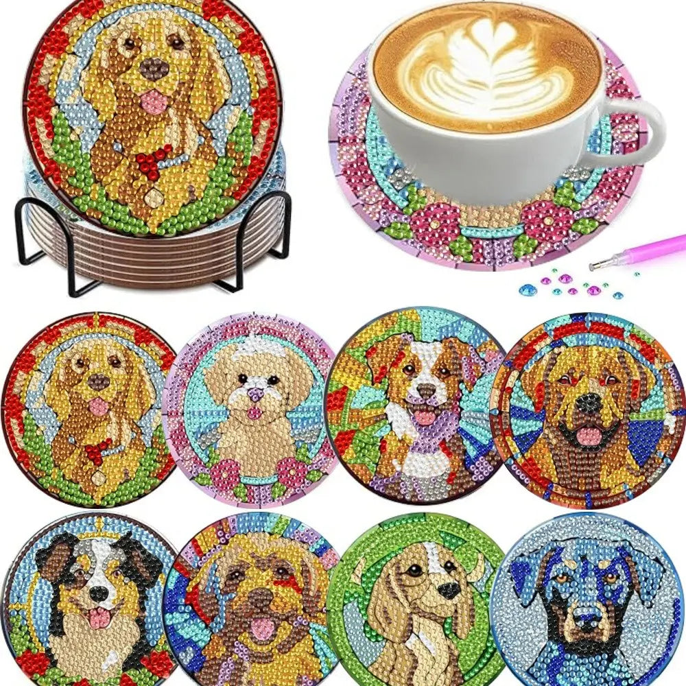 8 pieces/set of diamond art painting coasters for drinks with brackets, DIY animal dog pattern diamond art coasters, suitable for both adults and beginners as diamond painting sets, diamond set craft supplies, exquisite gifts for friends
