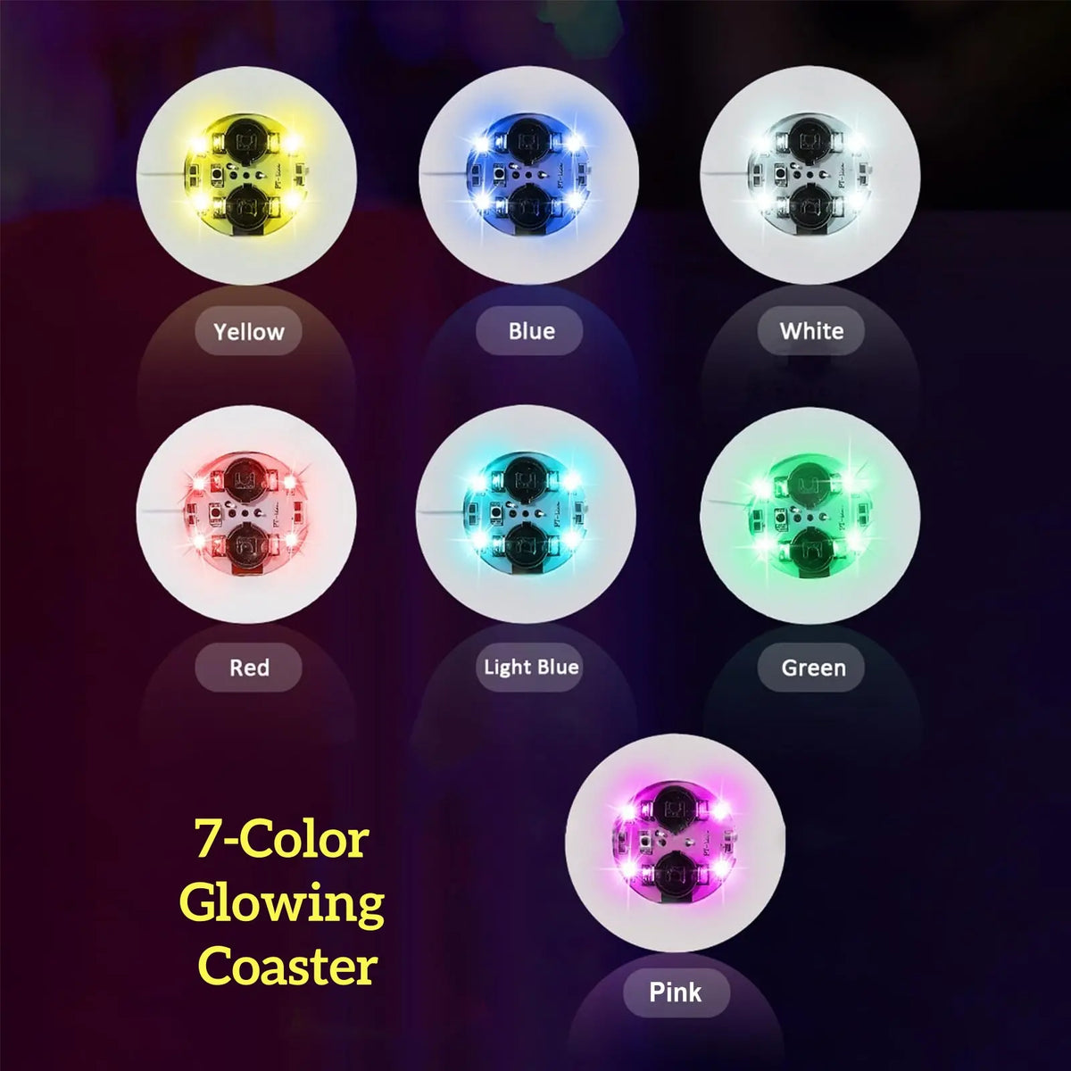 25-Pack Round LED Light Up Coasters - Stick & Light Up Bottle-Glow LEDs for Club-Bar Party Glow Decor, Works Indoors at Bars and Parties