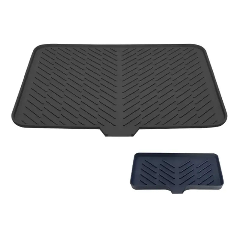 23x17in Modern Rectangle Silicone Dish Drying Mat with Matching Soap Dish Set, Sturdy Gray Desk Counter Protector, Waterproof Heat Resistant Indoor Tableware Organizer with Built-in Drain Lip, Dishwasher Safe (Hand Cleanable)