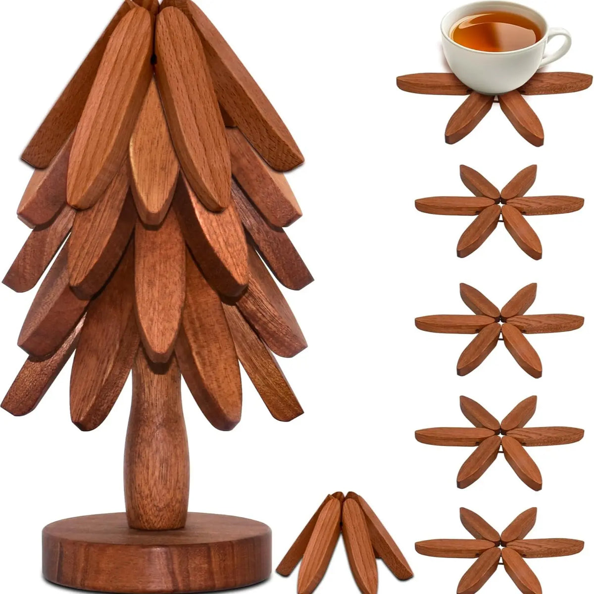 Natural Tree-Shaped Wooden Decorative Trivets Set - 4 Trivets & 1 Stand Keeps Tidy, 450°F Heat Guard Kitchenware, 7.8in High Density Solid Wood Multi-Use Mat for Pots, Pans, Cups, Foldable Textured French Country Birthday Gift Coasters