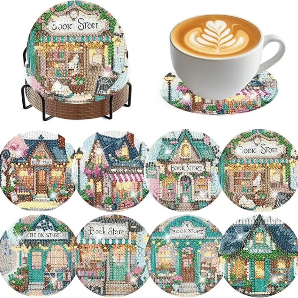 8-Piece Diamond Painting Coaster Set with Stand, Beautiful Pattern Decor for Home, DIY Art Craft Kit for Beginners