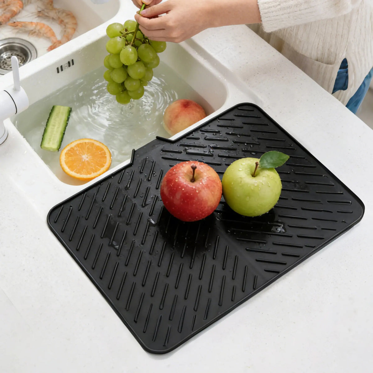 23x17in Modern Rectangle Silicone Dish Drying Mat with Matching Soap Dish Set, Sturdy Gray Desk Counter Protector, Waterproof Heat Resistant Indoor Tableware Organizer with Built-in Drain Lip, Dishwasher Safe (Hand Cleanable)
