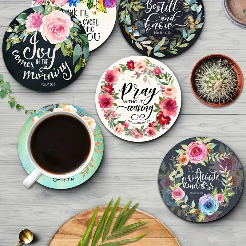 6-piece set of motivational wooden coasters - featuring Bible verses, faith, and spiritual patterns, perfect for coffee, tea, and beverages - perfect for home decor and housewarming gifts Round Coaster Coasters For Drinks