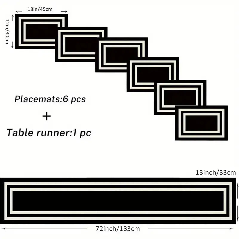 5/7 piece dining table mat set, insulation mat, Placemat, Table placemats, Rectangle, with white border and black pattern, suitable for kitchens, dining tables, living rooms, indoor and outdoor